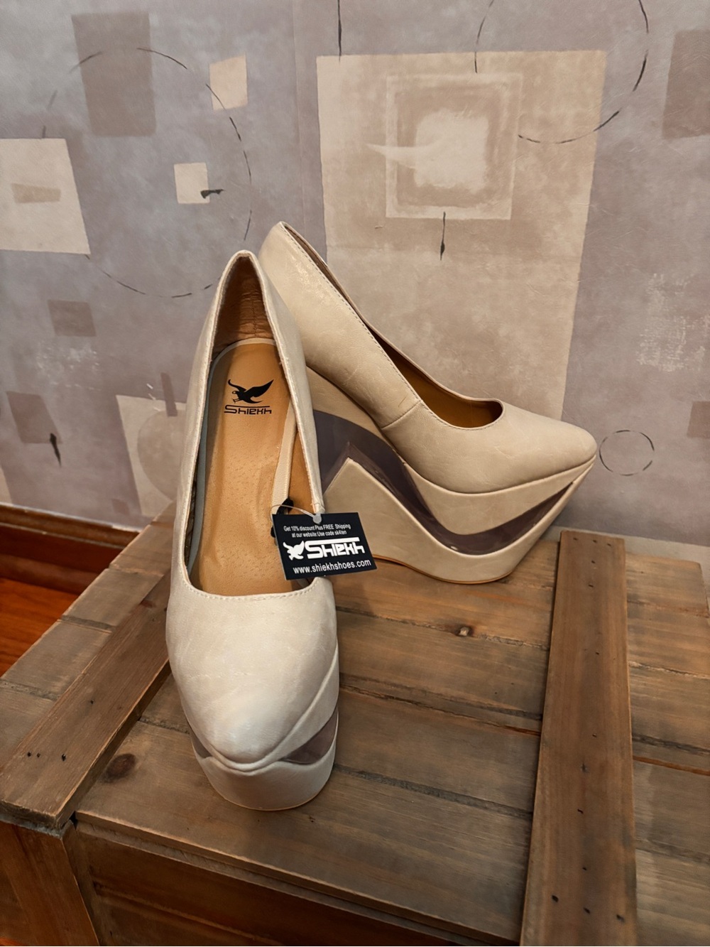 Beige Platform Wedge Pumps